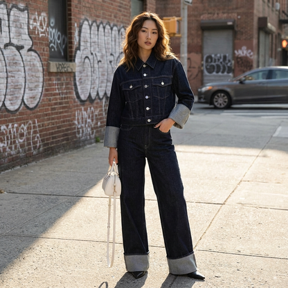 Conjunto de denim para mujer Clara | Chaqueta corta, Jeans de pierna ancha