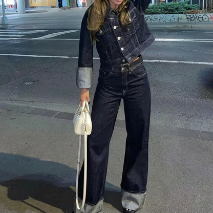 Conjunto de denim para mujer Clara | Chaqueta corta, Jeans de pierna ancha