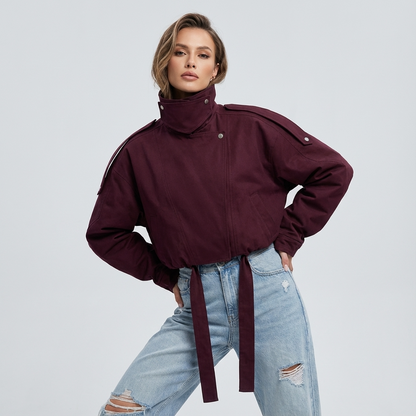 Quarry Mireya Women’s Bomber Jacket | Stand Collar, Tie Waist