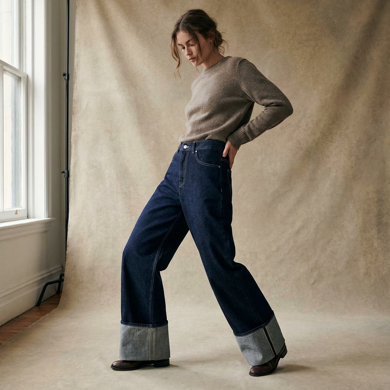 Conjunto de denim para mujer Clara | Chaqueta corta, Jeans de pierna ancha