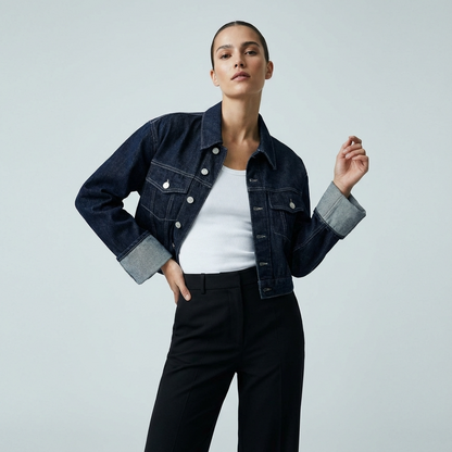 Conjunto de denim para mujer Clara | Chaqueta corta, Jeans de pierna ancha