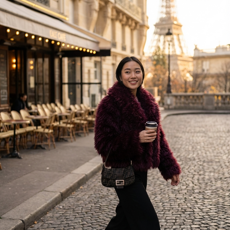 Grove Maris Women’s Faux Fur Jacket | Cropped Length, Wide Shawl Collar
