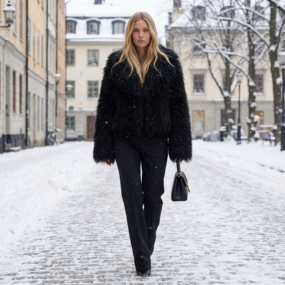 Grove Maris Women’s Faux Fur Jacket | Cropped Length, Wide Shawl Collar