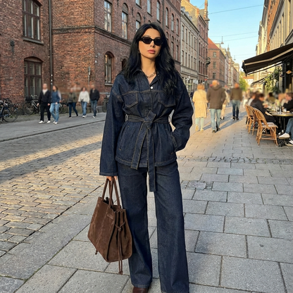 Marisol Women’s Denim Set | Belted Jacket, Wide-Leg Pants