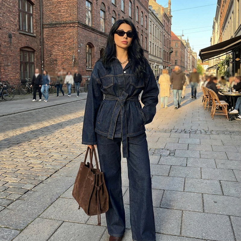 Marisol Women’s Denim Set | Belted Jacket, Wide-Leg Pants