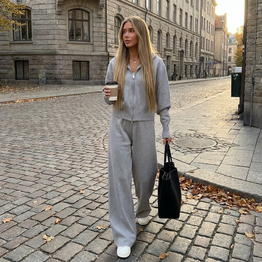 Ensemble tricoté pour femmes Elena | Veste à col montant, pantalon plissé