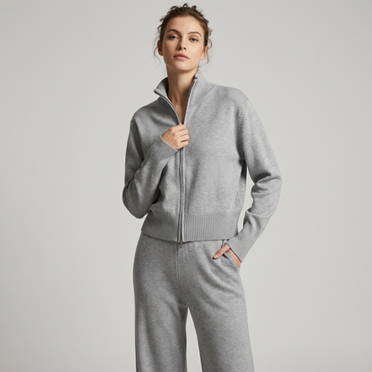 Elena Women’s Knit Set | Stand-Collar Jacket, Pleated Trousers