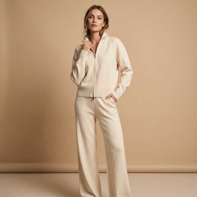 Elena Women’s Knit Set | Stand-Collar Jacket, Pleated Trousers