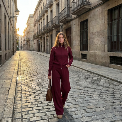 Elena Women’s Knit Set | Stand-Collar Jacket, Pleated Trousers