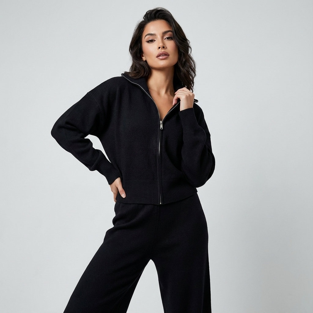 Elena Women’s Knit Set | Stand-Collar Jacket, Pleated Trousers