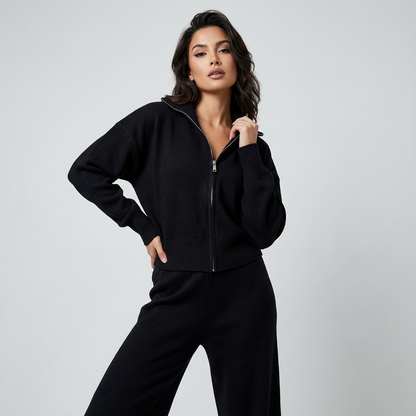 Elena Women’s Knit Set | Stand-Collar Jacket, Pleated Trousers