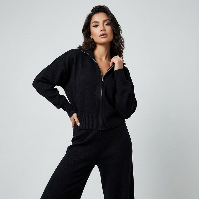 Elena Women’s Knit Set | Stand-Collar Jacket, Pleated Trousers
