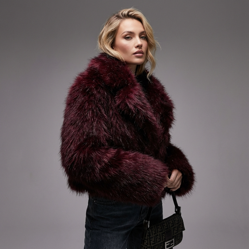Grove Maris Women’s Faux Fur Jacket | Cropped Length, Wide Shawl Collar