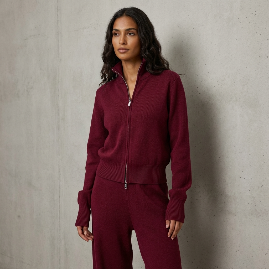 Elena Women’s Knit Set | Stand-Collar Jacket, Pleated Trousers