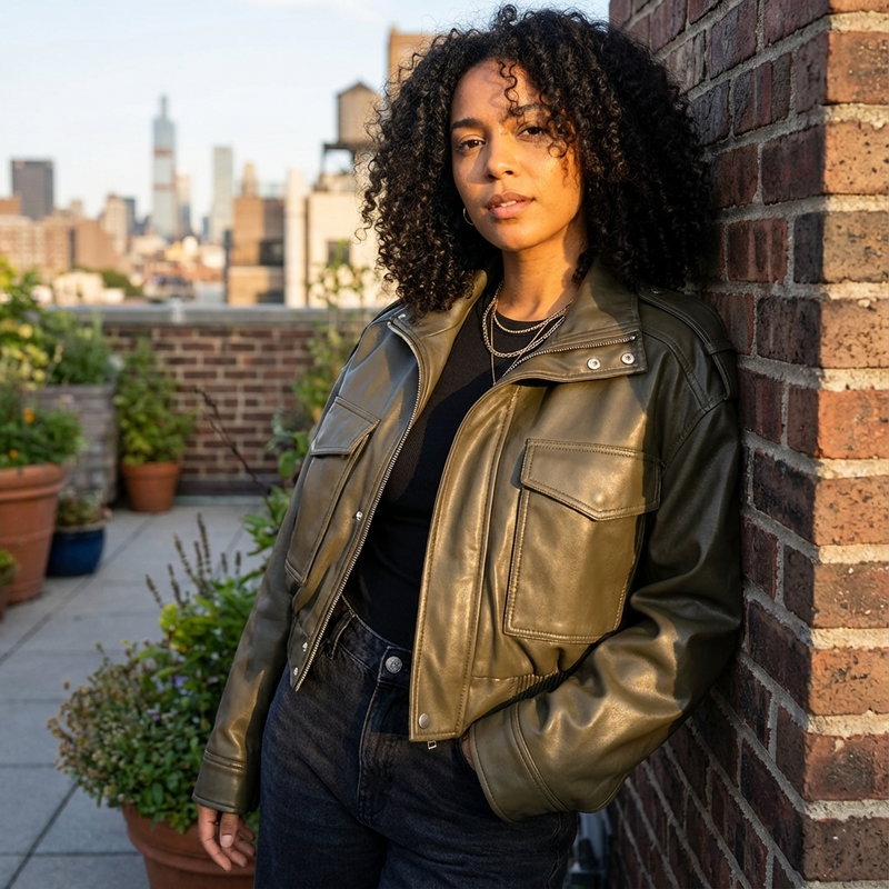 Amara Women’s Faux Leather Jacket | Stand Collar, Utility Pockets