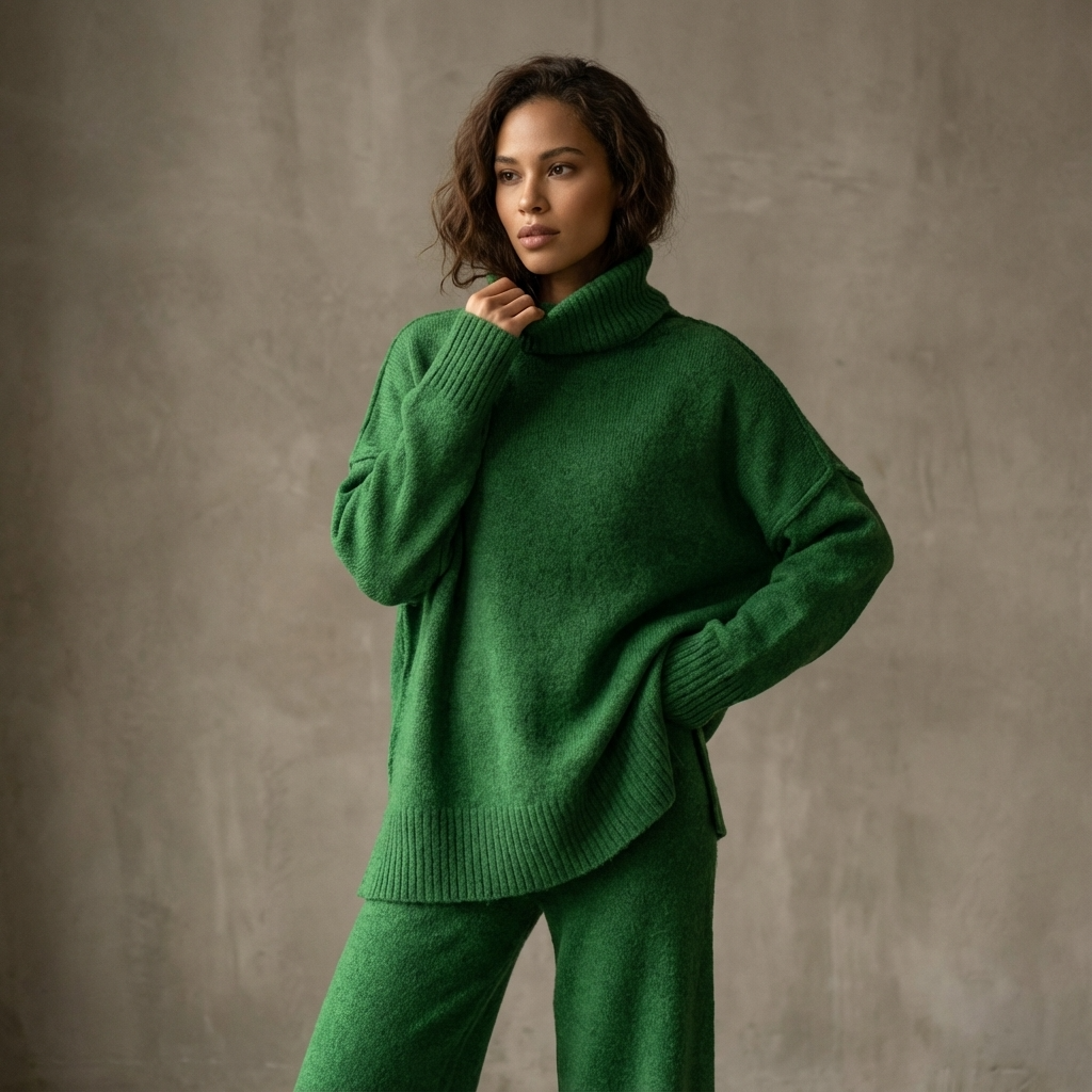 Iris Women’s Knit Lounge Set | Turtleneck Top, Wide-Leg Pants