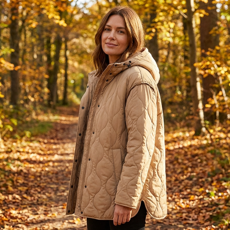 Amara Women’s Quilted Jacket | Hooded Design, Button & Zip Front