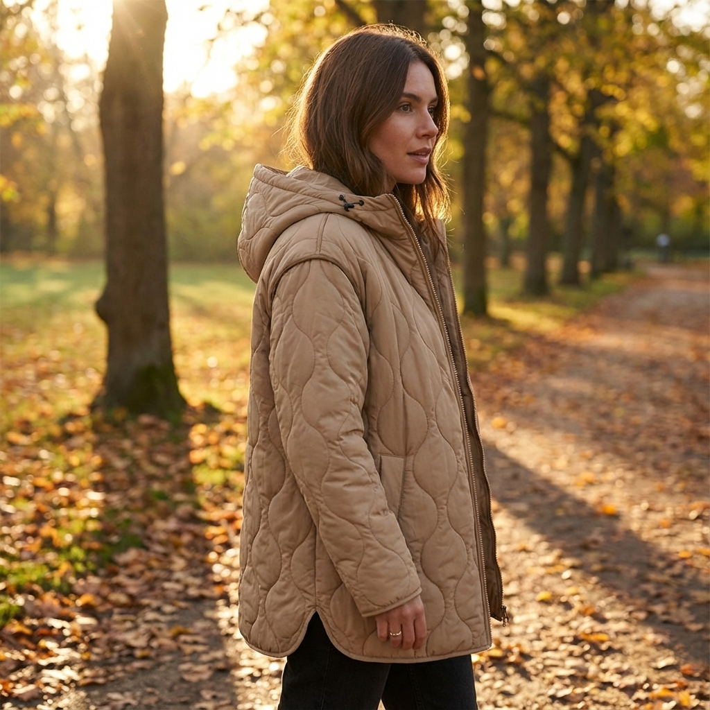 Amara Women’s Quilted Jacket | Hooded Design, Button & Zip Front