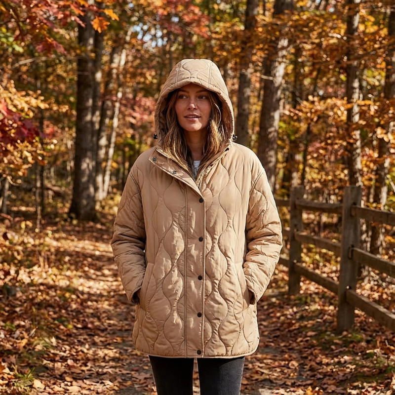 Amara Women’s Quilted Jacket | Hooded Design, Button & Zip Front