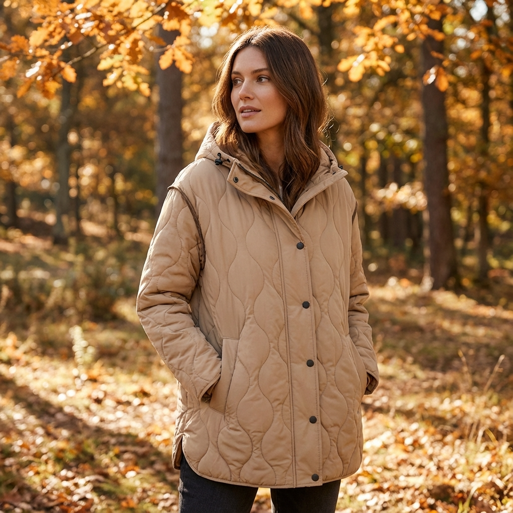 Amara Women’s Quilted Jacket | Hooded Design, Button & Zip Front