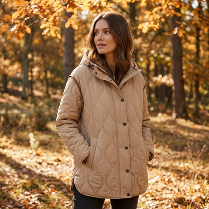 Amara Women’s Quilted Jacket | Hooded Design, Button & Zip Front
