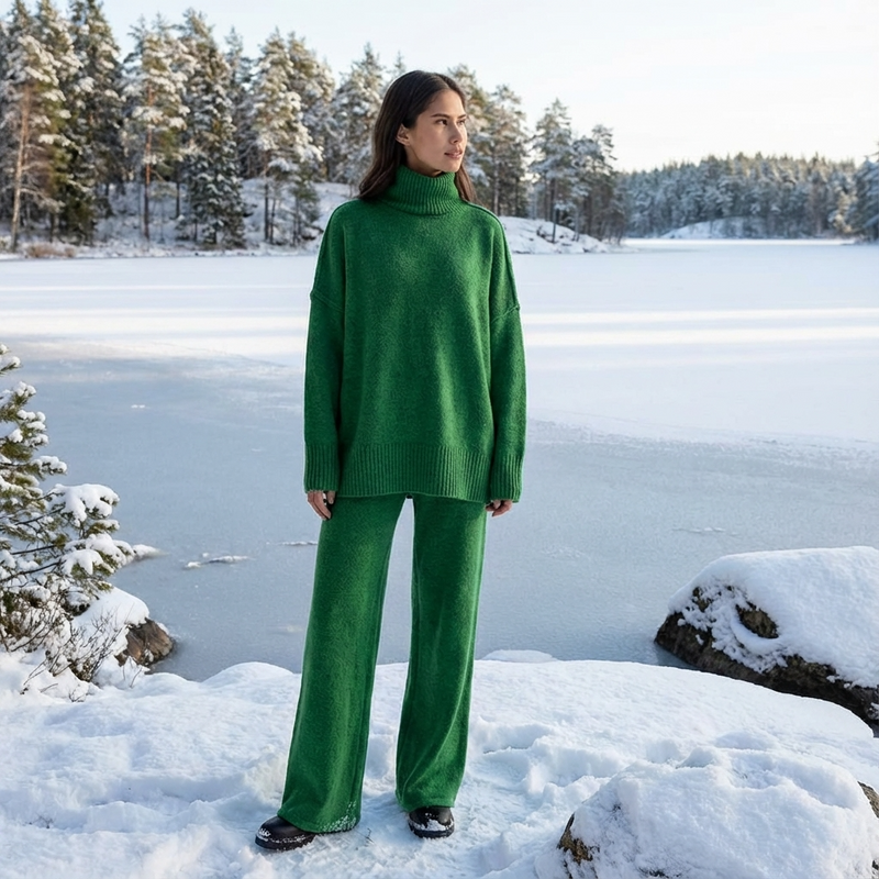 Iris Women’s Knit Lounge Set | Turtleneck Top, Wide-Leg Pants