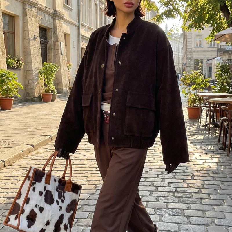 Quarry Maple Women's Corduroy Bomber Jacket | Rich Brown Corduroy, Snap Button Front