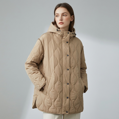 Amara Women’s Quilted Jacket | Hooded Design, Button & Zip Front