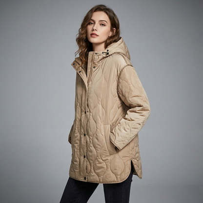 Amara Women’s Quilted Jacket | Hooded Design, Button & Zip Front