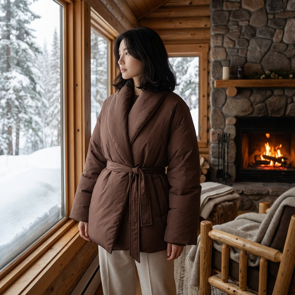 Mira Women's Puffer Jacket | Kimono Shawl Collar, Tie Belt Wrap