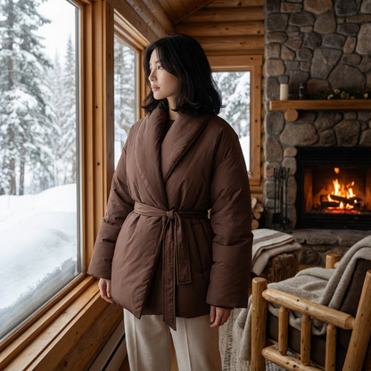 Mira Women's Puffer Jacket | Kimono Shawl Collar, Tie Belt Wrap