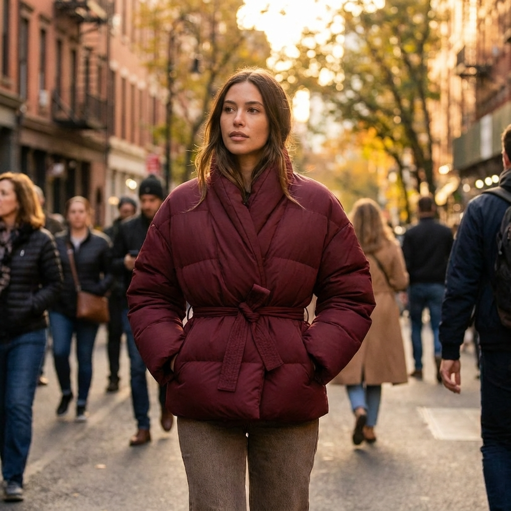 Mira Women's Puffer Jacket | Kimono Shawl Collar, Tie Belt Wrap