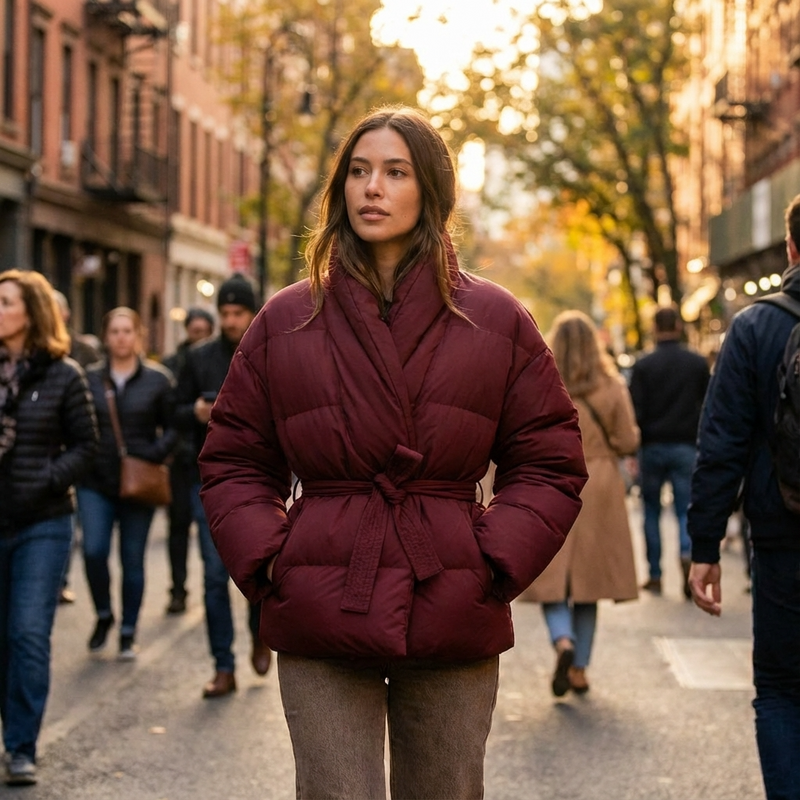 Mira Women's Puffer Jacket | Kimono Shawl Collar, Tie Belt Wrap