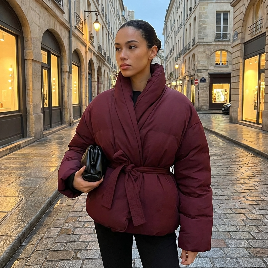 Mira Women's Puffer Jacket | Kimono Shawl Collar, Tie Belt Wrap