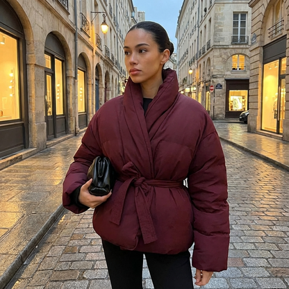 Mira Women's Puffer Jacket | Kimono Shawl Collar, Tie Belt Wrap
