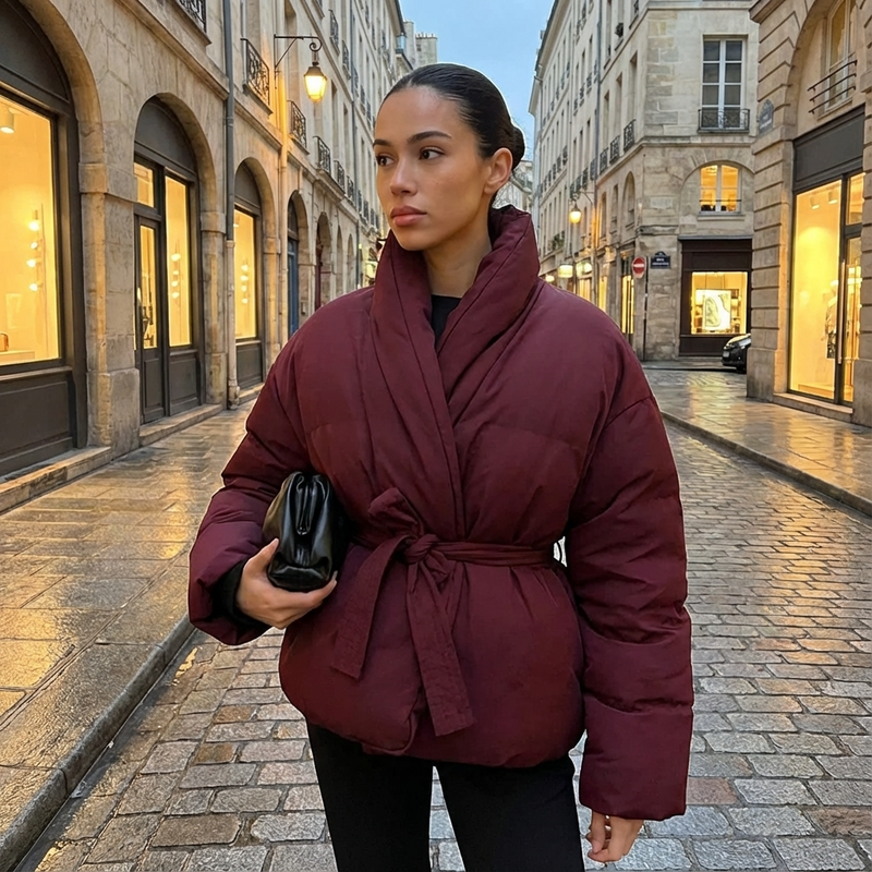Mira Women's Puffer Jacket | Kimono Shawl Collar, Tie Belt Wrap