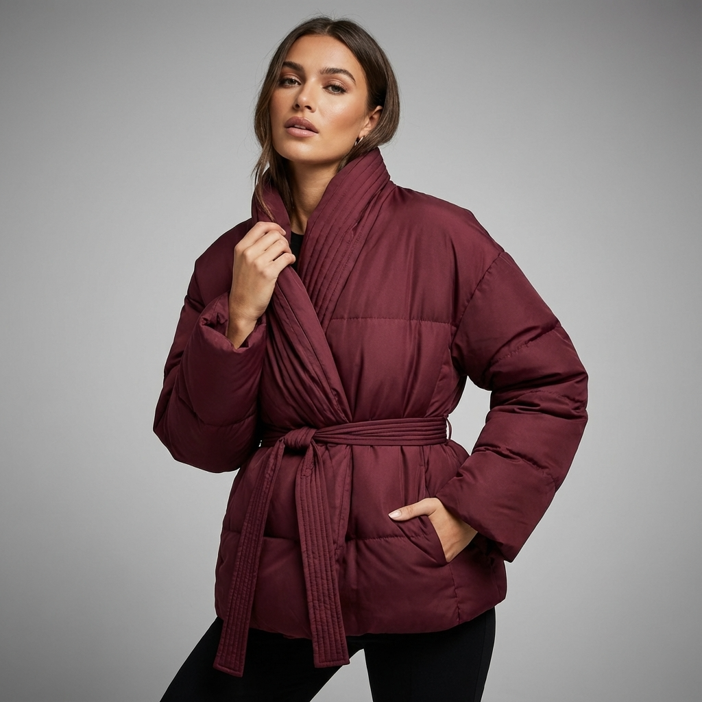 Mira Women's Puffer Jacket | Kimono Shawl Collar, Tie Belt Wrap