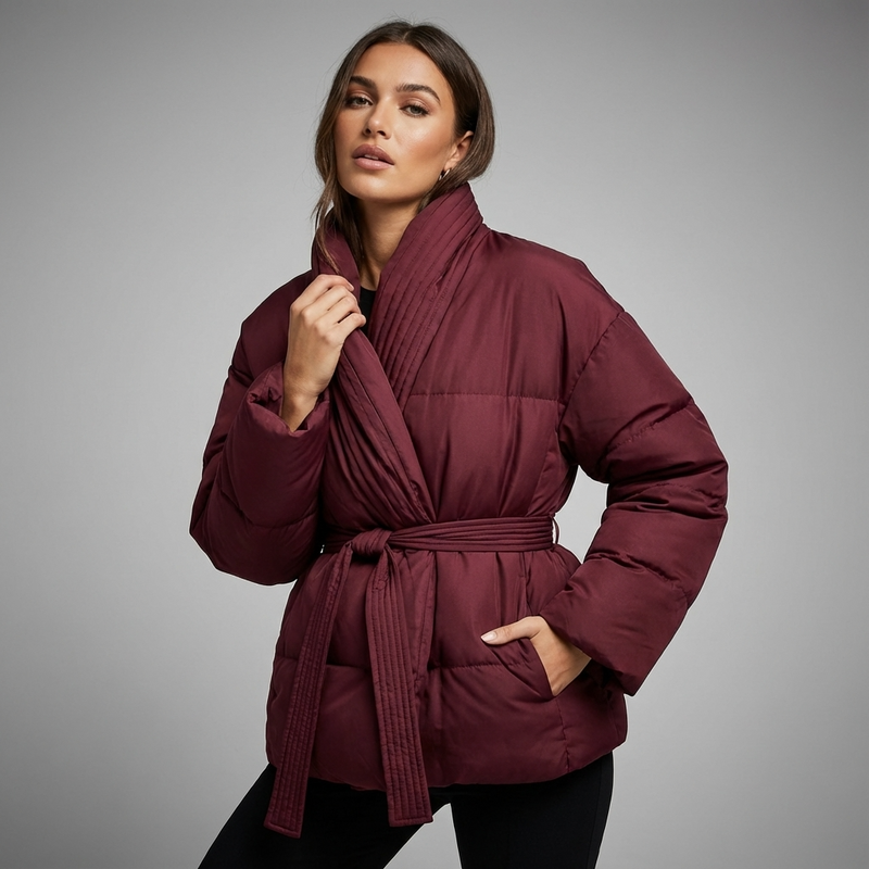 Mira Women's Puffer Jacket | Kimono Shawl Collar, Tie Belt Wrap