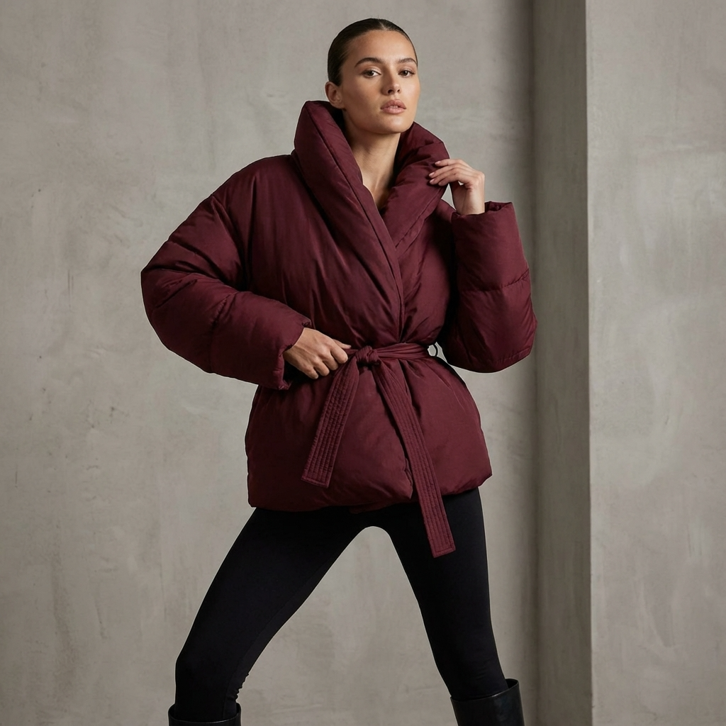 Mira Women's Puffer Jacket | Kimono Shawl Collar, Tie Belt Wrap