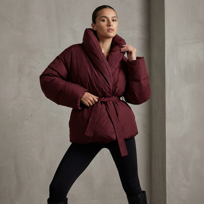 Mira Women's Puffer Jacket | Kimono Shawl Collar, Tie Belt Wrap