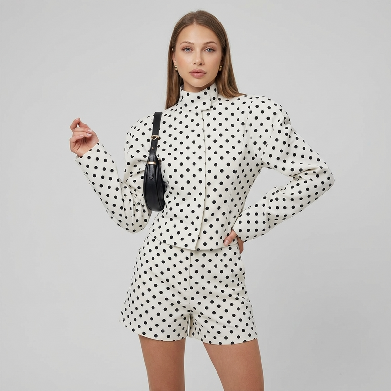 Elise Women’s Set | Polka Dot Print, High-Neck Shirt
