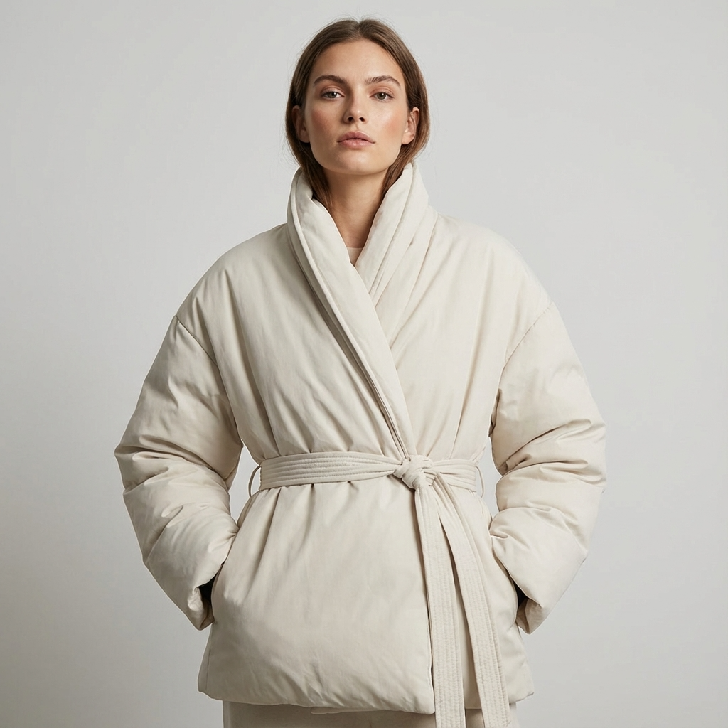 Mira Women's Puffer Jacket | Kimono Shawl Collar, Tie Belt Wrap