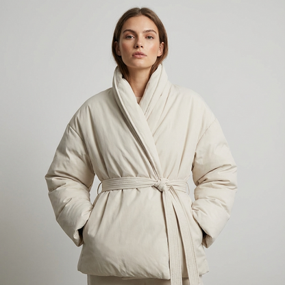 Mira Women's Puffer Jacket | Kimono Shawl Collar, Tie Belt Wrap