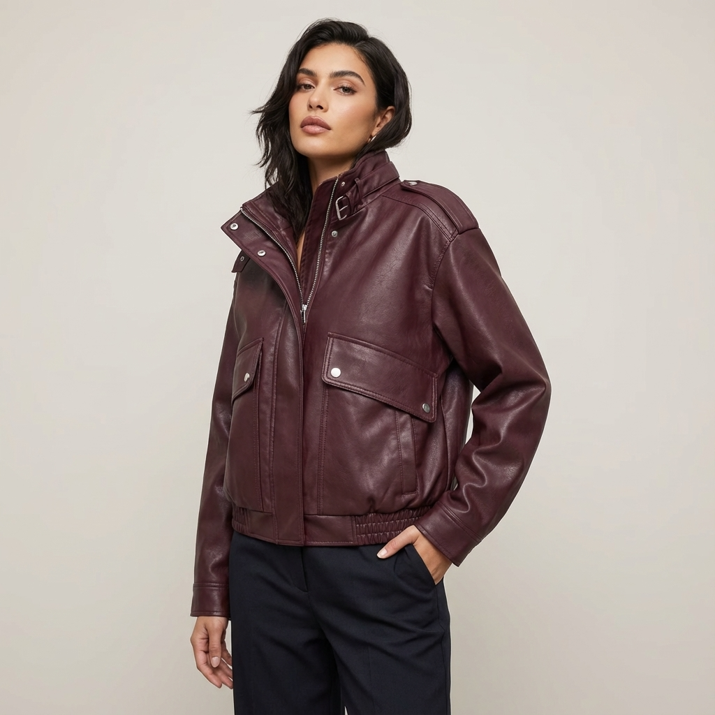 Isle Isla Women’s Stand Collar Leather Jacket | Cropped Length, Utility Pockets