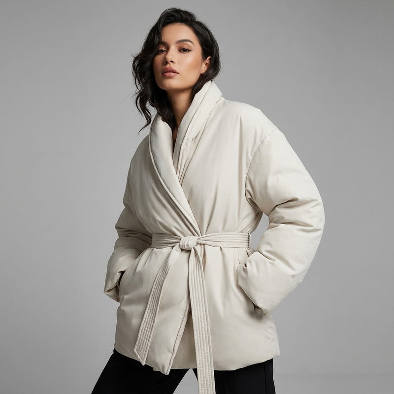 Mira Women's Puffer Jacket | Kimono Shawl Collar, Tie Belt Wrap