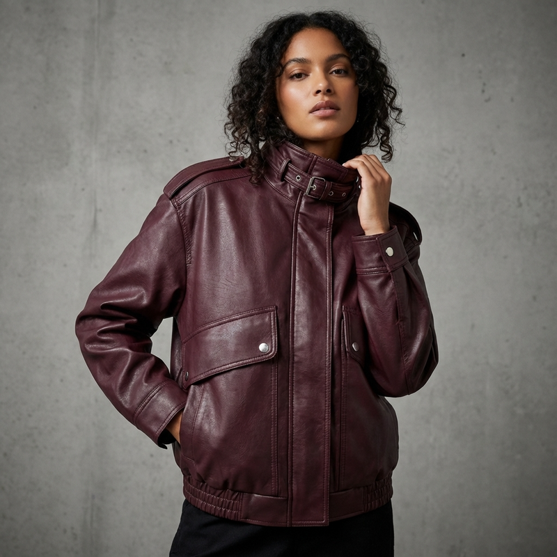 Isle Isla Women’s Stand Collar Leather Jacket | Cropped Length, Utility Pockets