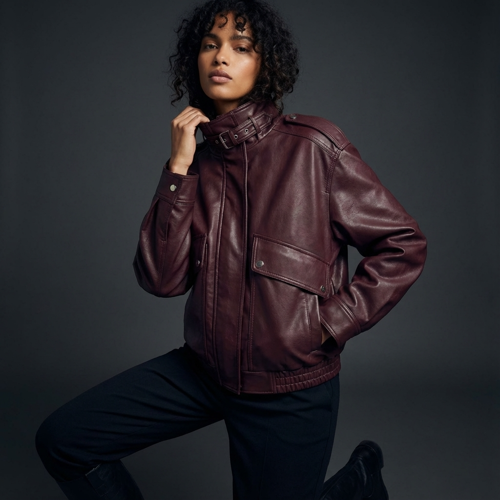 Isle Isla Women’s Stand Collar Leather Jacket | Cropped Length, Utility Pockets