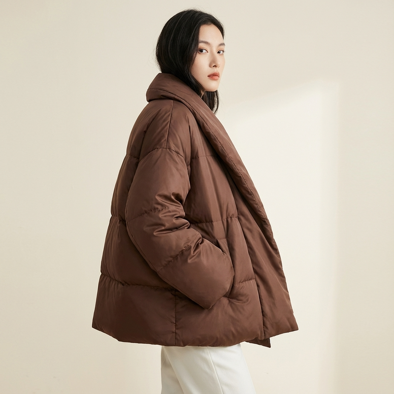 Mira Women's Puffer Jacket | Kimono Shawl Collar, Tie Belt Wrap
