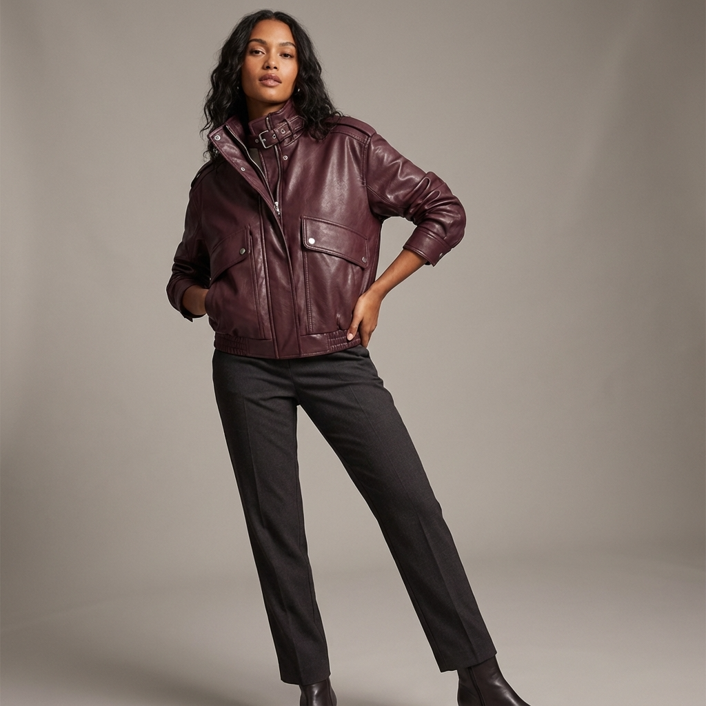 Isle Isla Women’s Stand Collar Leather Jacket | Cropped Length, Utility Pockets