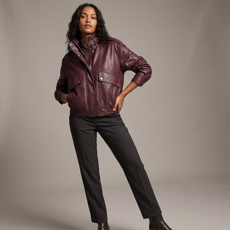 Isle Isla Women’s Stand Collar Leather Jacket | Cropped Length, Utility Pockets